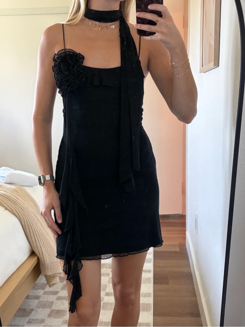 Princess Polly Black Mini Slip Dress with Floral Rosette